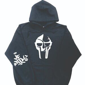 MF Doom Hoodie Mask and Graffiti on Sleeve Black (White Design)